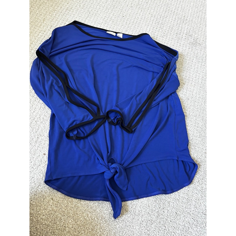 Chico's Front Tie Top Size 2 Blue Black Stripe Long Sleeve Athleisure Chic